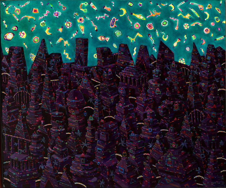 Miasto z zielonym niebem