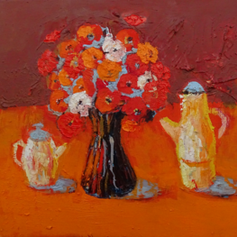 Martwa natura z makami i pomarańczowym rondelkiem