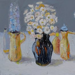 Martwa natura z białymi makami, orlikami i hortensjami