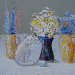 Martwa natura z białym kotem