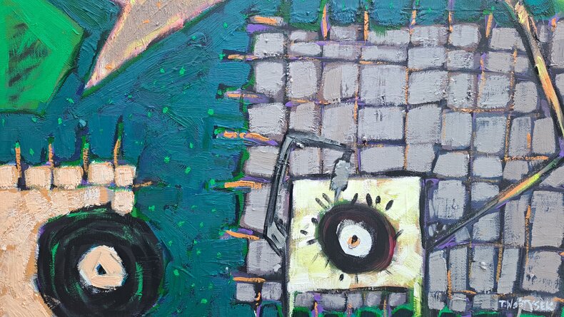 Patefon na szarym stole