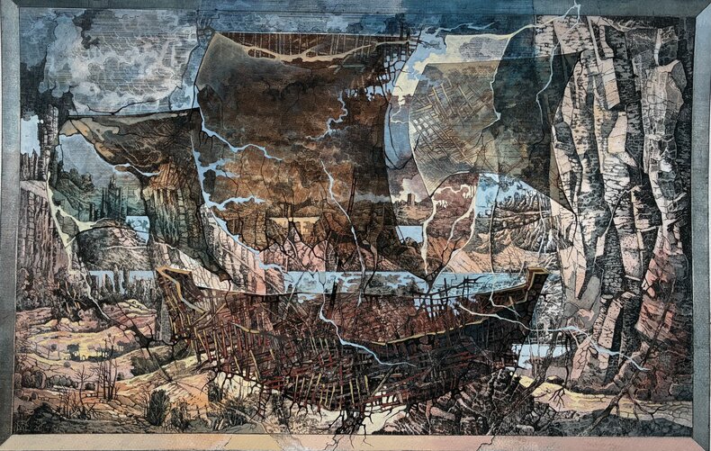 Górska dolina z wielkim zaginionym okrętem