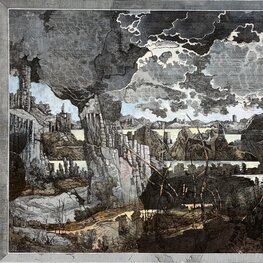 Górska dolina z dwoma drzewami i zamkiem w oddali