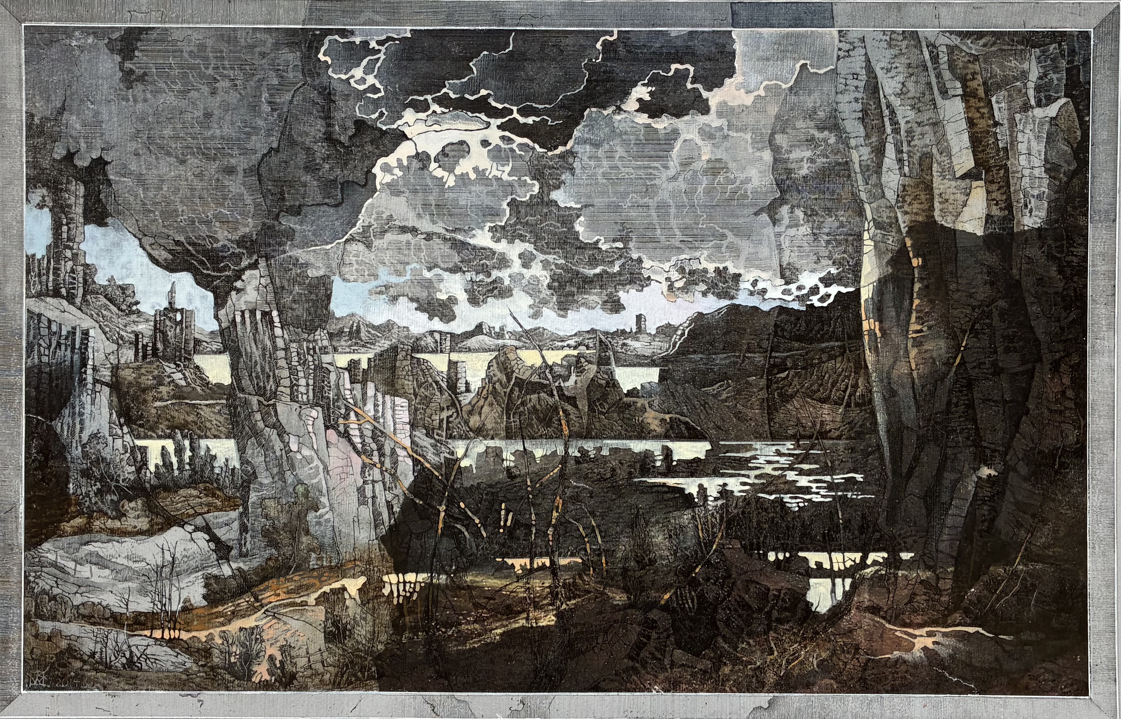 Górska dolina z dwoma drzewami i zamkiem w oddali