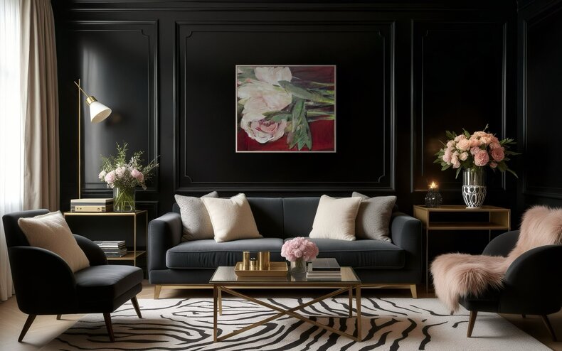 Czerwony stół i kwiaty