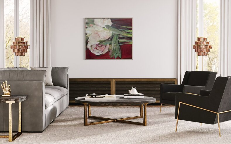 Czerwony stół i kwiaty